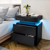 Hommpa Led Nightstand Modern Black Nightstand With Led Lights Wood Matte Led Bedside Table Night Stand With 2 High Gloss Drawers For Bedroom 20.5