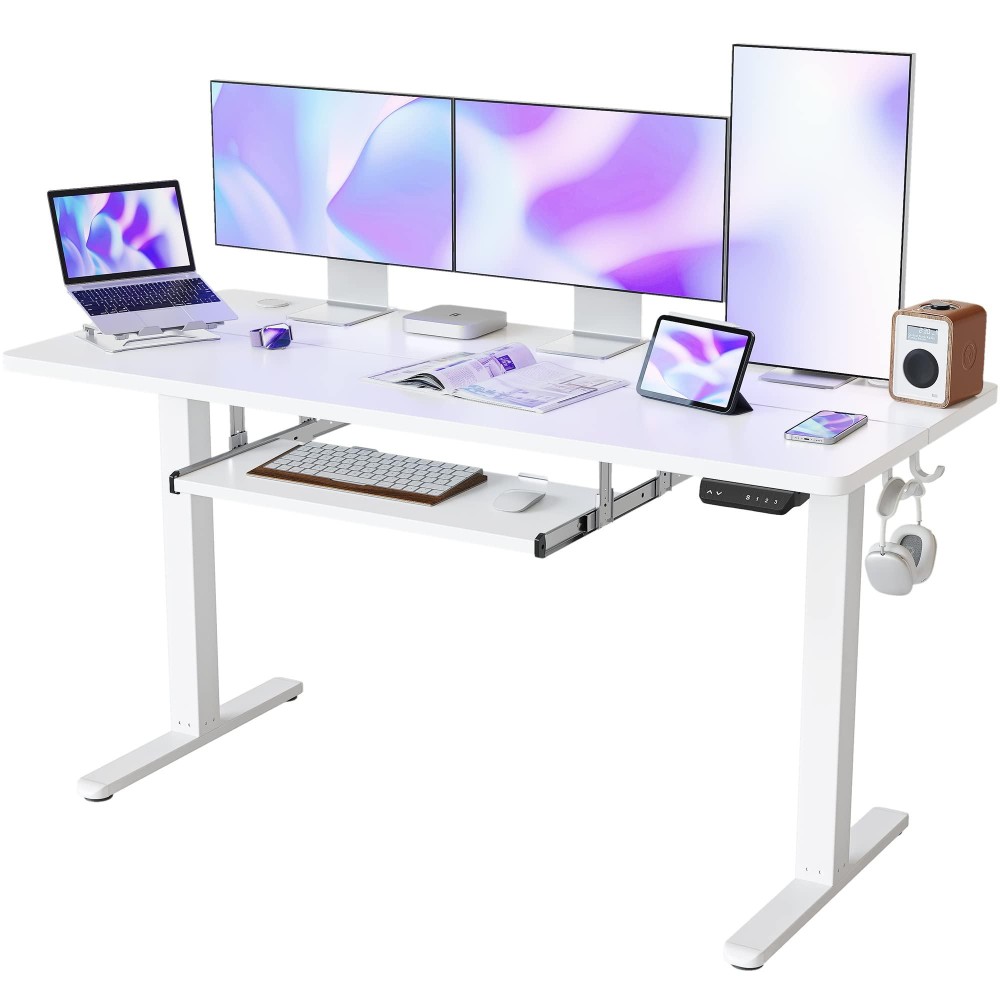 Fezibo Standing Desk With Keyboard Tray, 63 ? 24 Inches Electric Height Adjustable Desk, Sit Stand Up Desk, Computer Office Desk, White