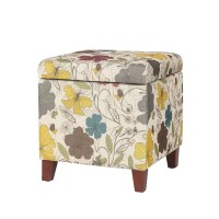 Adeco 18 Inch High Cube Ottoman Storage, Floral Printed Linen Chair Foot Stools, Upholstered Vanity Stool With Hinged Lid, Solid Wood Legs