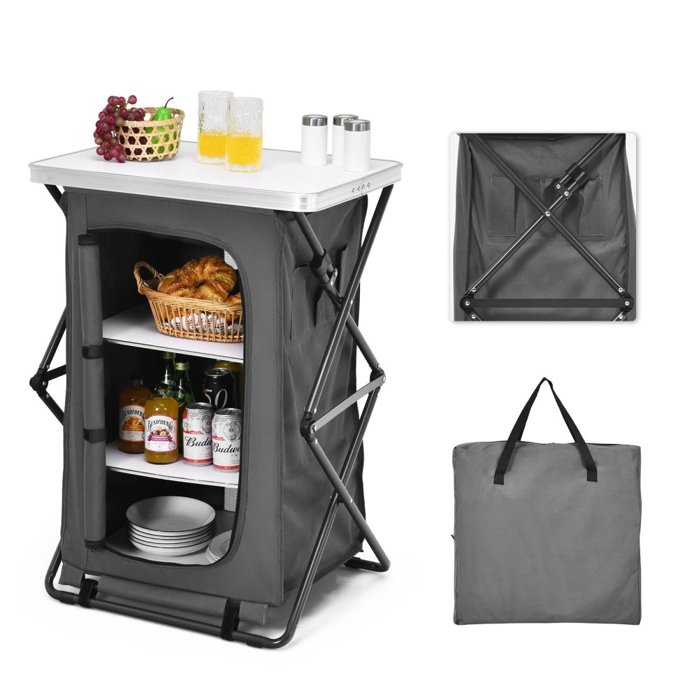 Goplus Folding Camping Storage Cabinet, Pop Up Outdoor Camping Kitchen Station With Large 3-Tier Storage Organizer, Carry Bag, Easy Set Up Portable Compact Camping Table For Bbq Picnic Backyard (35'')