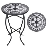 Vipush Mosaic Outdoor Side Table 14 Round End Table Patio Accent Table Indoor Plant Stand For Living Room Geramic Table Top