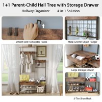 Charavector 4-In-1 Hall Tree With Storage Drawer, Entryway Bench With Coat Rack, Parent-Child Hall Tree With Entryway Bench And Shoe Storage, Industrial Wood Furniture With Stable Metal Frame