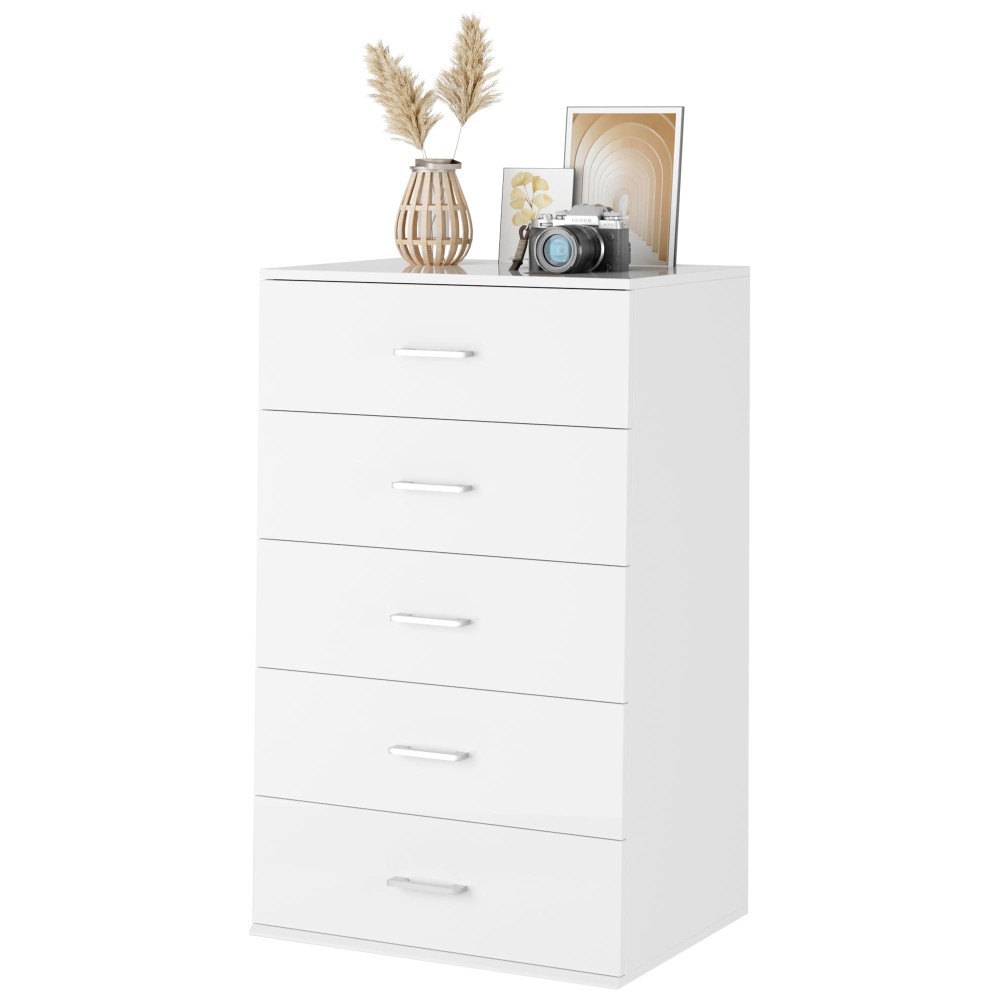 Ttview 5 Drawer Dresser Chest Tall Dresser Storage Tower With Metal Handles White Storage Cabinet For Living Room Kitchen En