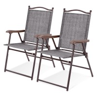 Tangkula Set Of 2 Patio Folding Dining Chairs, Outdoor Sling Lawn Chairs With Armrests, Steel Frame, Portable Camping Lounge Chairs For Backyard, Deck, Poolside And Garden, No Assembly (Grey)