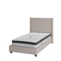 Riverdale Twin Size Tufted Upholstered Platform Bed in Beige Fabric with 10 Inch CertiPURUS Certified Pocket Spring Mattress