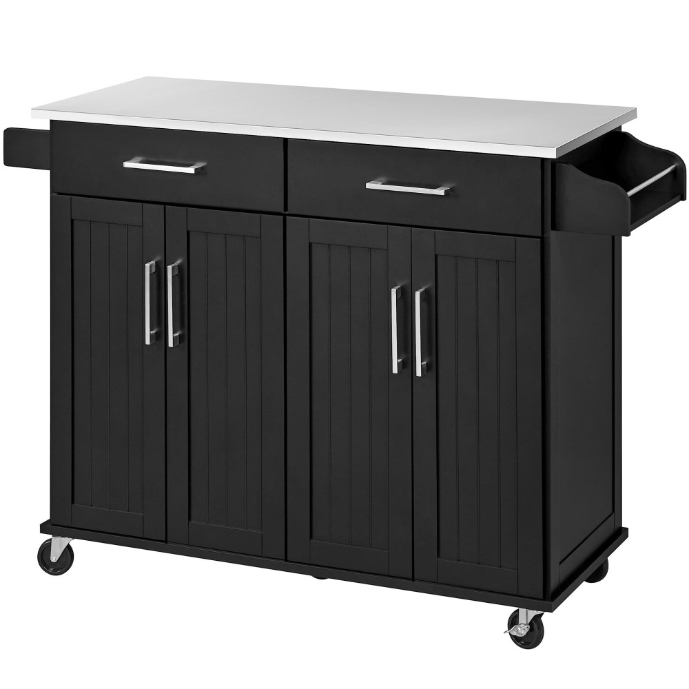 Yaheetech Rolling Kitchen Island With Stainless Steel Top, Kitchen Cart Storage Cabinet On Wheels With 2 Drawers And Inner Adjustable Shelves For Dining Room, 50.5 Inch Width, Black