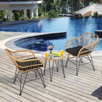 Tangkula 3 Pieces Patio Bistro Set, Rattan Conversation Set With 2 Cushioned Armchairs & Round Glass Coffee Table, Indoor Outdoor Wicker Furniture Set For Balcony, Backyard, Garden, Poolside