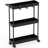 Simple Houseware 3Tier Slimsuper Narrow Kitchen Cart With Handle Hooks And Storage With Shelves Black