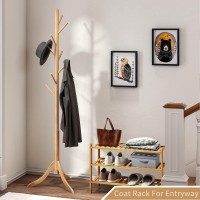 Coatrack 8 Standing Bamboo Coat Rack Hat Hanger 8 Hook For Jacket, Purse, Scarf Rack, Umbrella Tree Stand