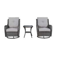 Hummuh 3Piece Swivel Rocking Rattan Chair Outdoor Patio Bistro Furniture Conversation Set Cushioned Wicker Chair With Glass C