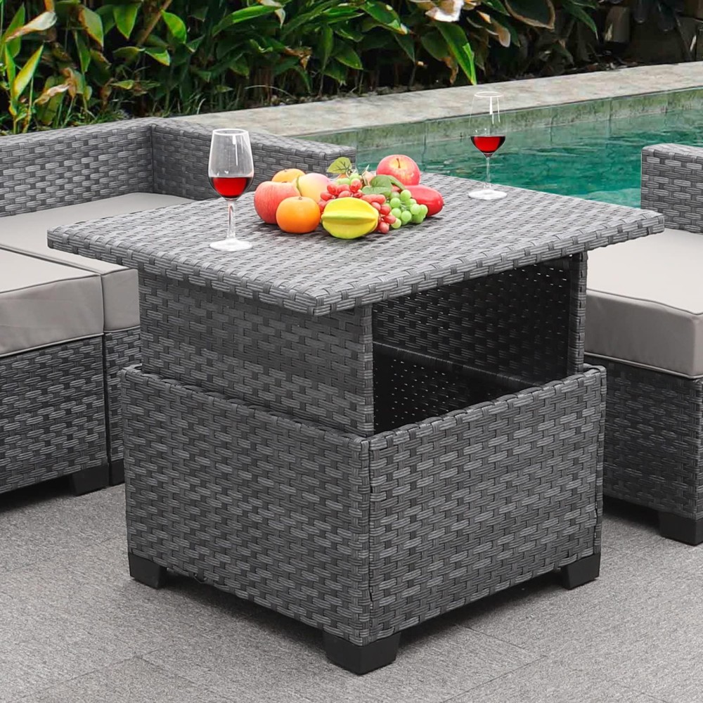 Outdoor Pe Wicker Liftable Coffee Table Patio Rattan Garden Furniture Multifunctional Storage Tea Table Silver Gray