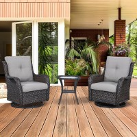 Hummuh 3Piece Swivel Rocking Rattan Chair Outdoor Patio Bistro Furniture Conversation Set Cushioned Wicker Chair With Glass C