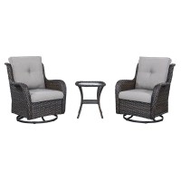 Hummuh 3Piece Swivel Rocking Rattan Chair Outdoor Patio Bistro Furniture Conversation Set Cushioned Wicker Chair With Glass C