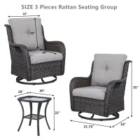 Hummuh 3Piece Swivel Rocking Rattan Chair Outdoor Patio Bistro Furniture Conversation Set Cushioned Wicker Chair With Glass C