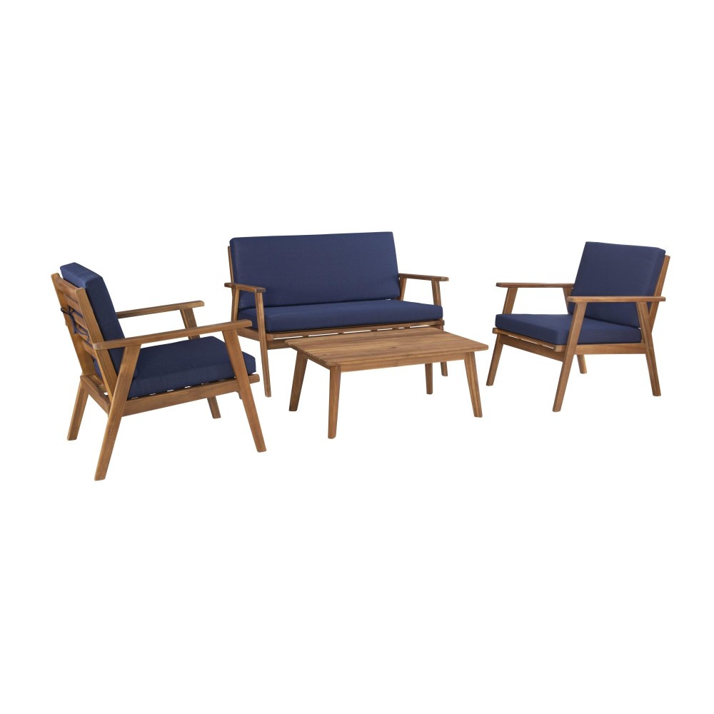 Cole Outdoor Chat 4 Piece Seating Set With Blue Cushions