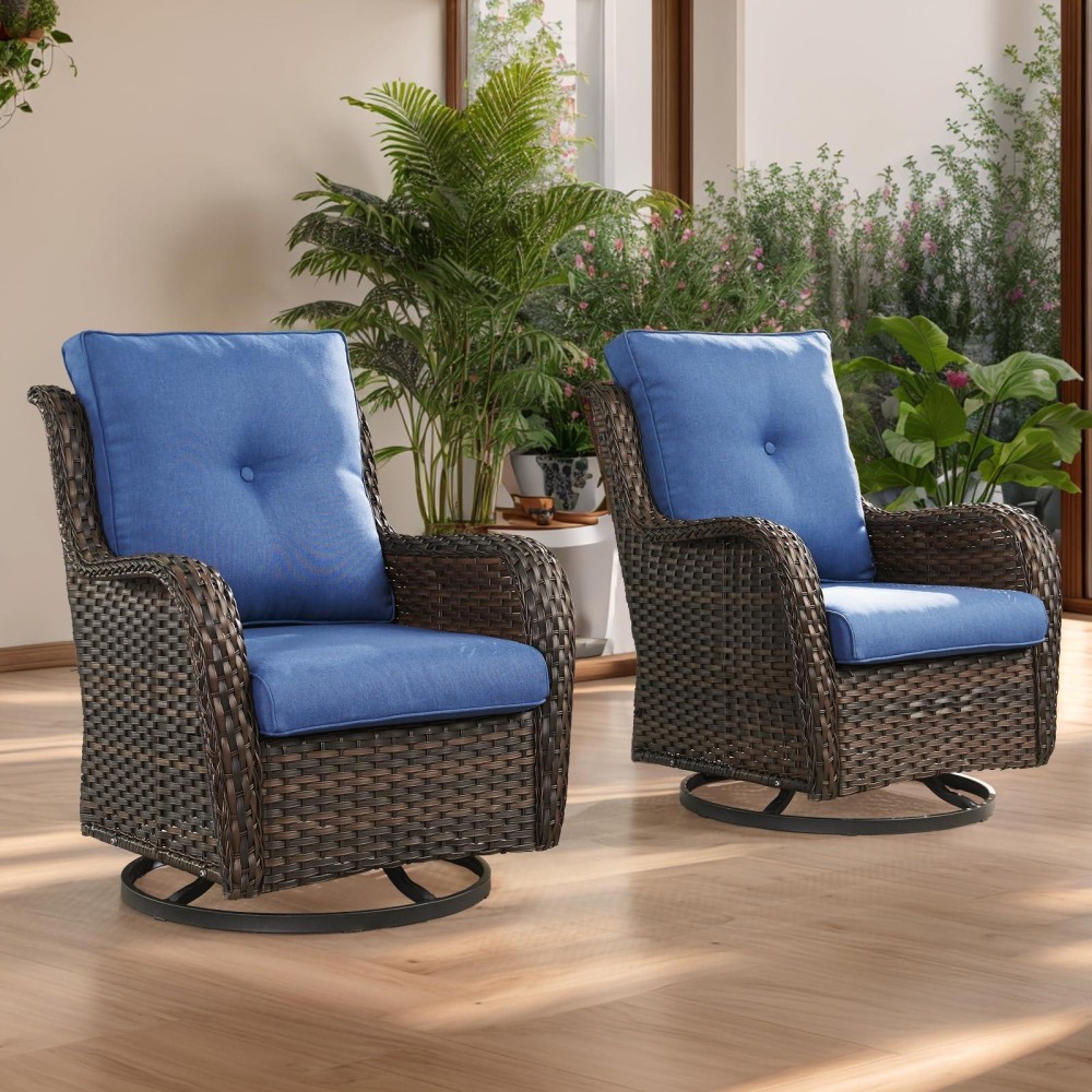 Hummuh Outdoor Swivel Rocker Wicker Patio Chairs Set Of 2 Rattan Rocking Chair Furniture Setbrown Blue