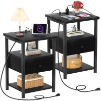 Ecoprsio Nightstand Set Of 2, Nightstands With Charging Station, End Table Bedside Table With Usb Port, Modern Nightstands With Drawers Storage Shelf, Wood Night Stand For Bedroom, Living Room, Black