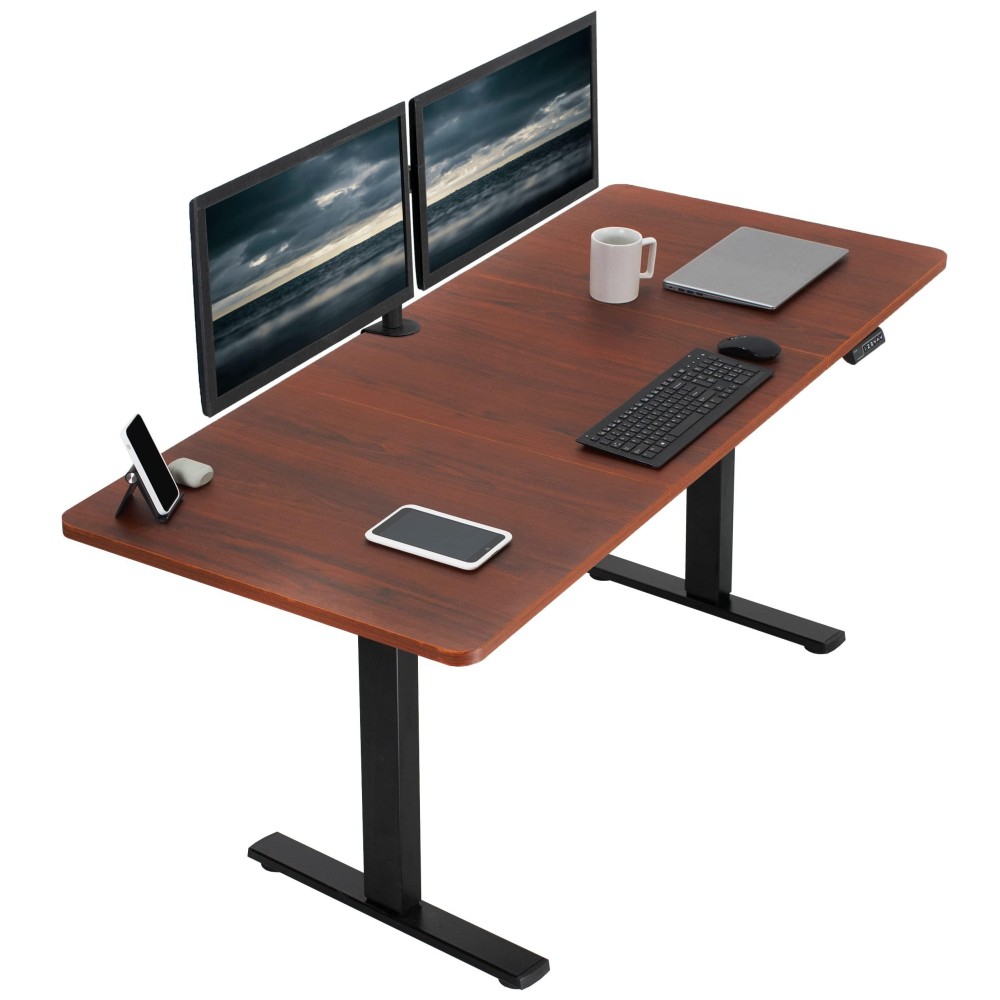 Vivo Electric Height Adjustable 71 X 30 Inch Memory Stand Up Desk, Dark Walnut Table Top, Black Frame, Standing Workstation With Preset Controller, 1B Series, Desk-Kit-1B7D