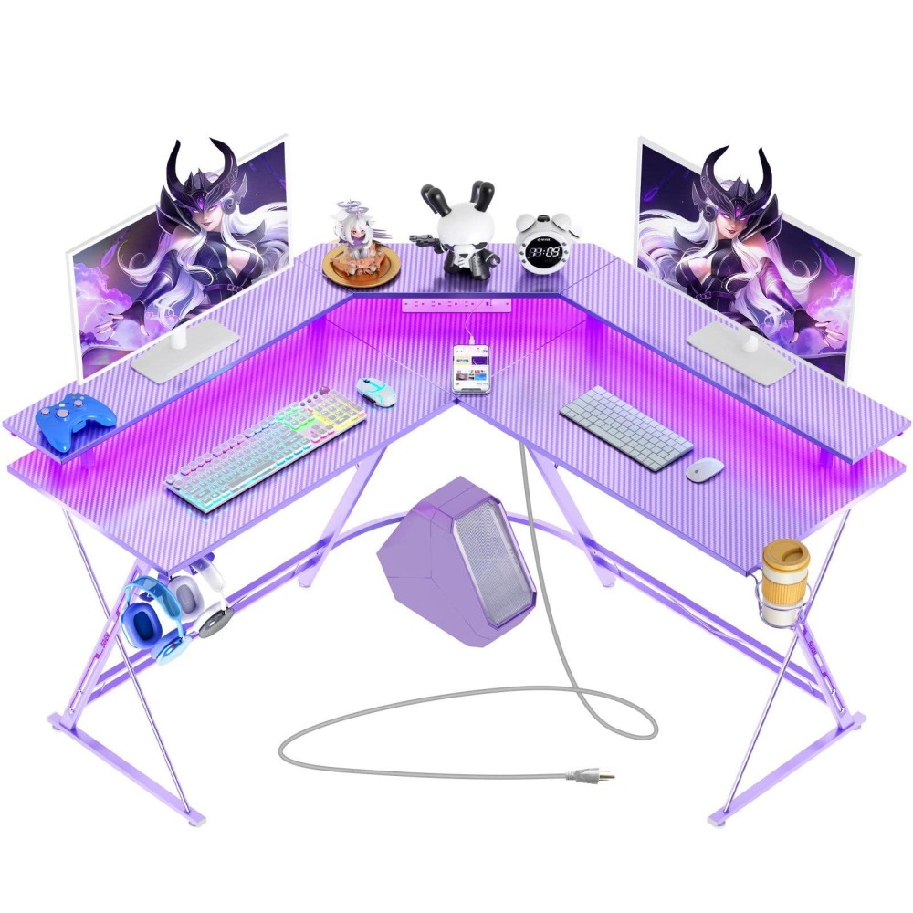 Seven Warrior Gaming Desk 50.4? With Led Light & Power Outlets, L-Shaped Gaming Desk Carbon Fiber Surface With Monitor Stand, Ergonomic Gamer Table With Cup Holder, Headphone Hook, Purple