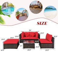 Dortala 5 Piece Patio Furniture Set, Modular Outdoor Wicker Conversation Set W/Tempered Glass Table, Pillows, Free Combination Cushioned Rattan Sectional Sofa Set For Backyard, Porch, Balcony, Red