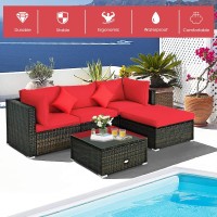 Dortala 5 Piece Patio Furniture Set, Modular Outdoor Wicker Conversation Set W/Tempered Glass Table, Pillows, Free Combination Cushioned Rattan Sectional Sofa Set For Backyard, Porch, Balcony, Red