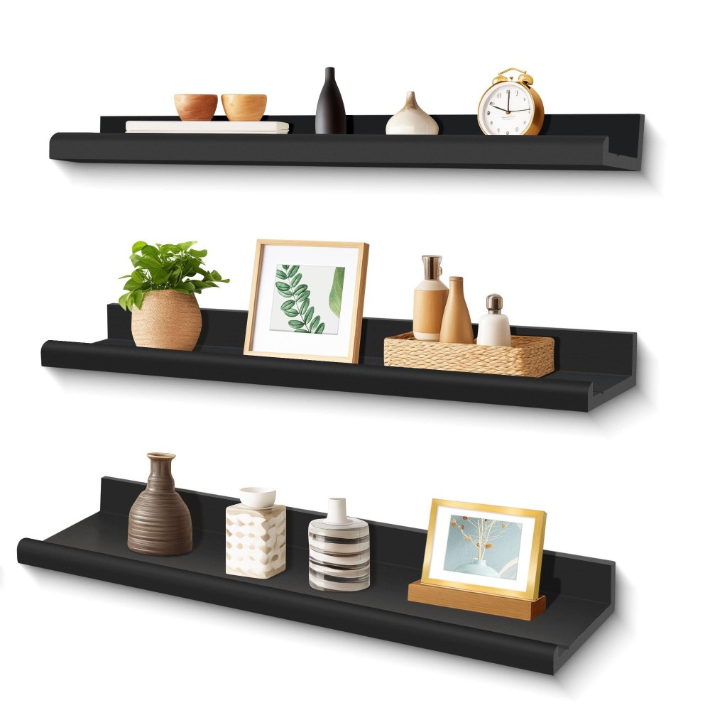 Annecy Floating Shelves Wall Mounted Set Of 3 236 Inch Black Rustic Wood Shelves For Wall Wall Storage Shelves With Guardrail