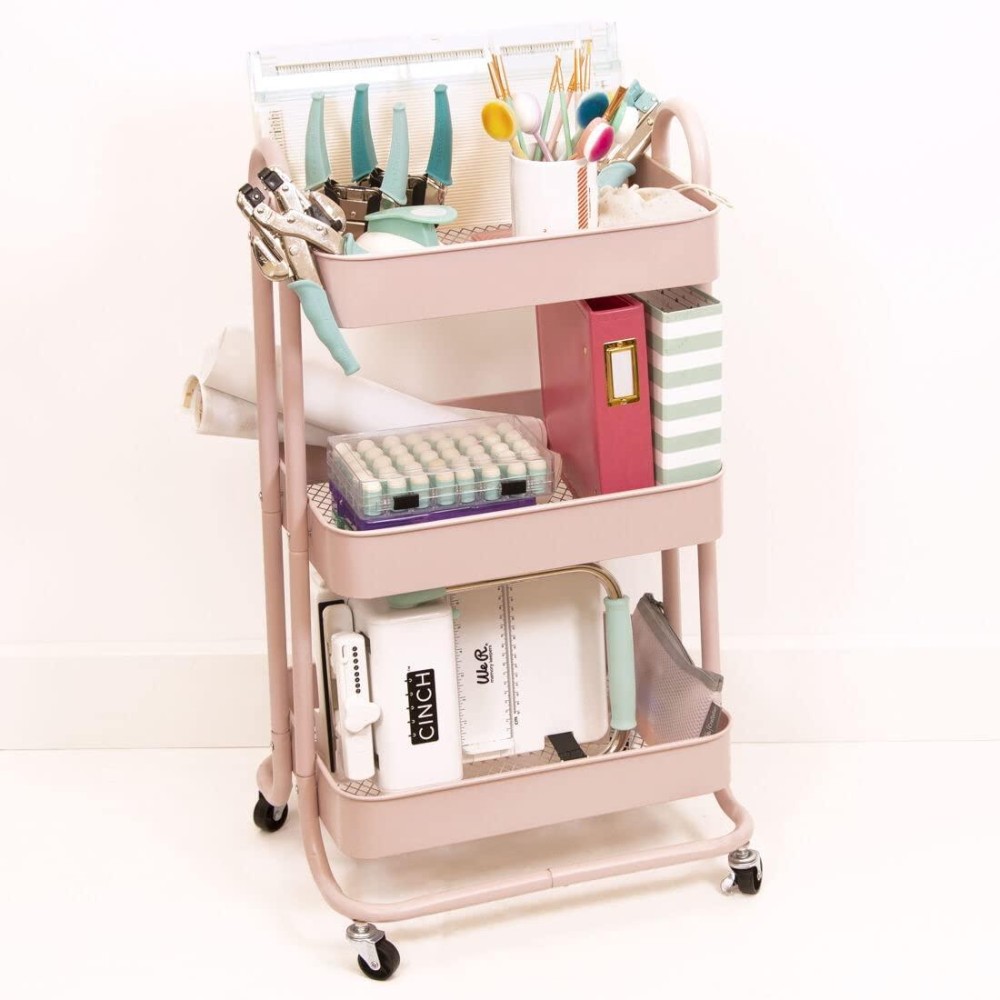Craftelier - Metal Organisation Storage Cart With 3 Trays 4 Castor Wheels 360 With Brakes Max. Tray Load 2,99 Kg Distance Between Trays 25,5 Cm Size 78 X 40 Cm - Pink Colour
