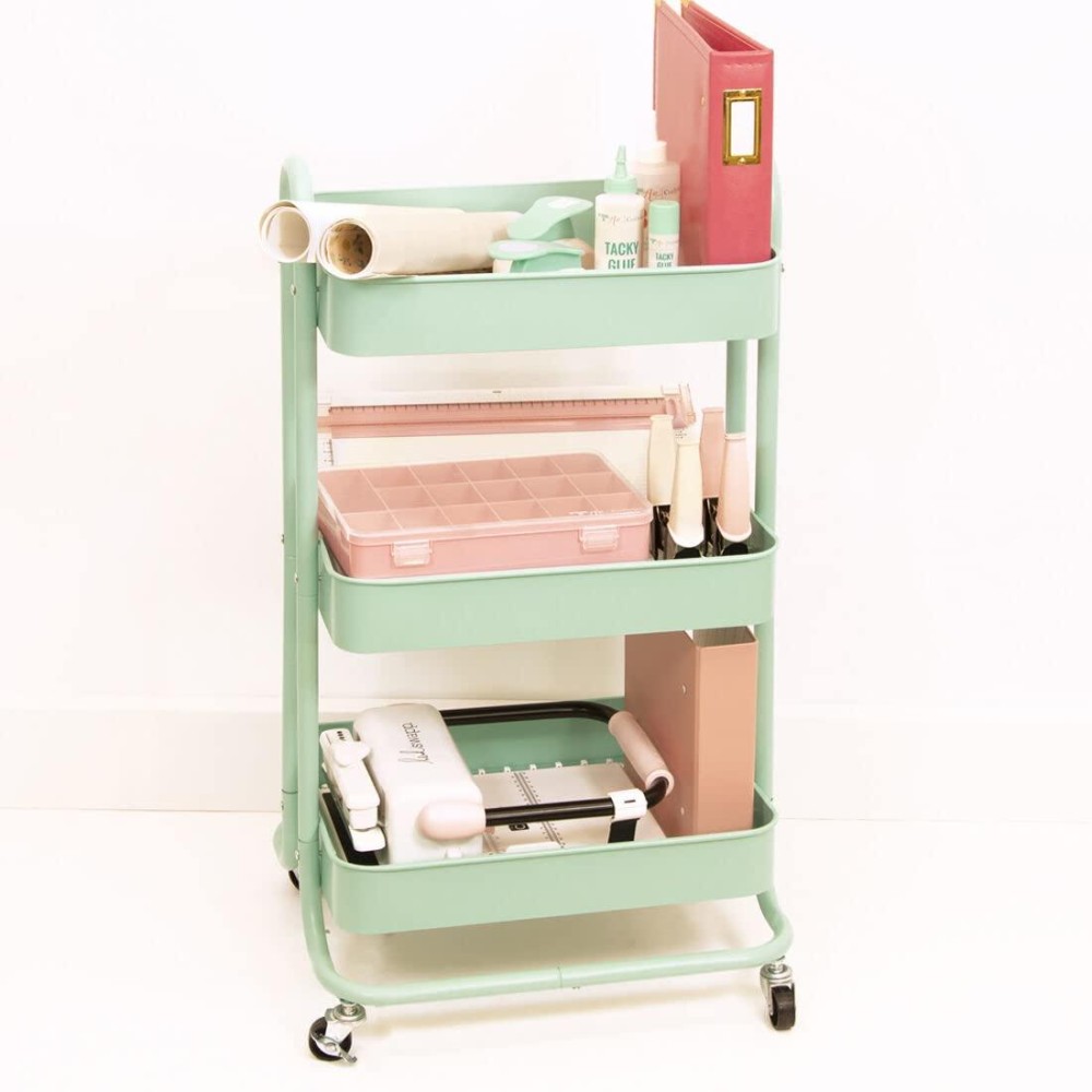 Craftelier - Metal Organisation Storage Cart With 3 Trays 4 Castor Wheels 360 With Brakes Max. Tray Load 2,99 Kg Distance Between Trays 25,5 Cm Size 78 X 40 Cm - Mint Colour