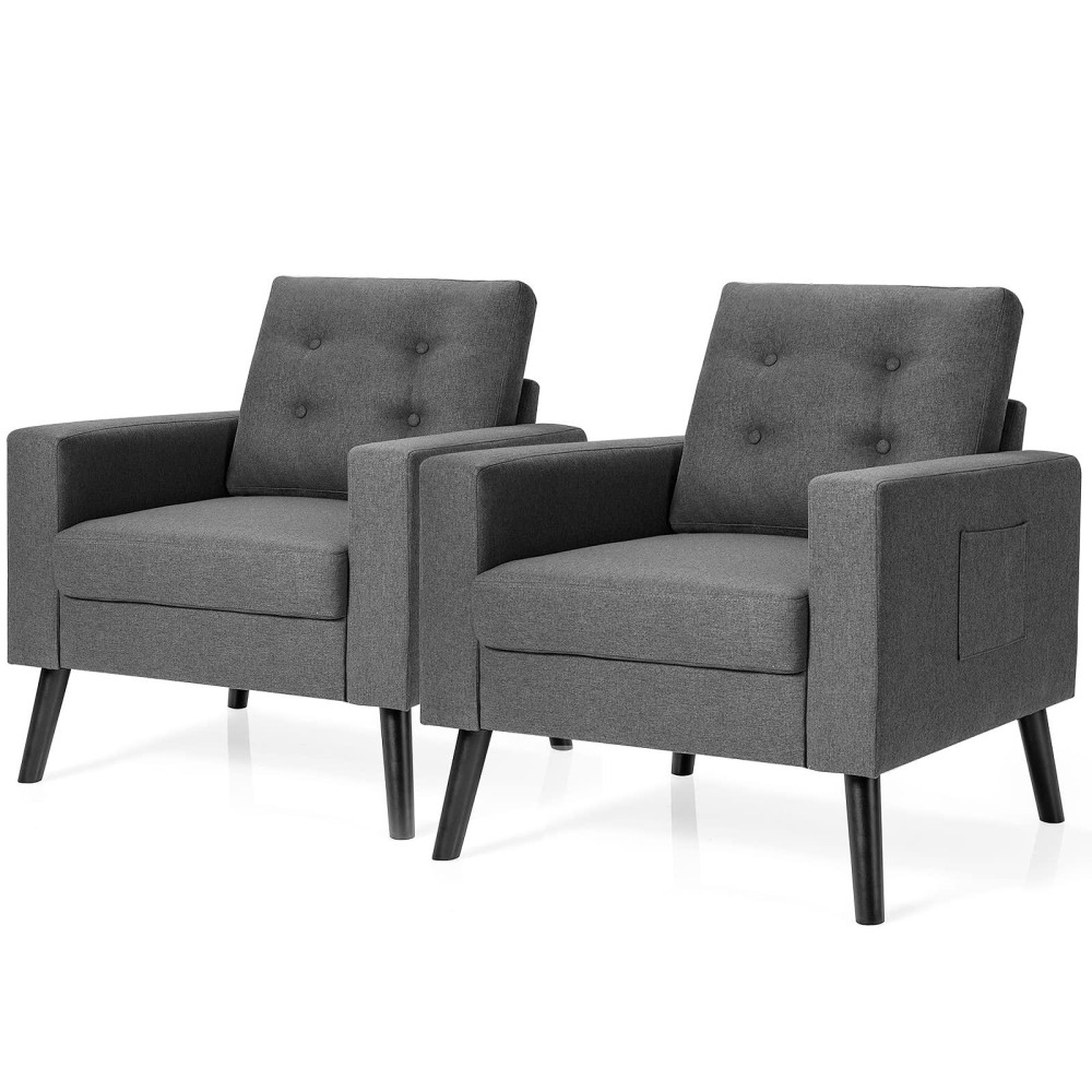 Kotek Accent Chairs Set Of 2, Button Tufted Living Room Chair W/Rubber Wood Legs, Side Pockets, Mid Century Modern Single Sofa Club Chair, Linen Fabric Upholstered Armchair (Grey)