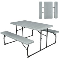 Gymax Picnic Table, 550 Lbs Folding Picnic Tables With Benches & Seats, Weather-Resistant Easy Setup Portable Picnic Table, Wood-Like Foldable Picnic Tables For Outdoors Patio Deck Party Bbq (Grey)