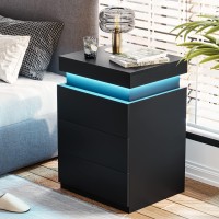 Adorneve Nightstand With Charging Station And Led Lights,Night Stand With Sliding Top,Bedside Table With Drawers,Modern End Side Table For Bedroom,Black