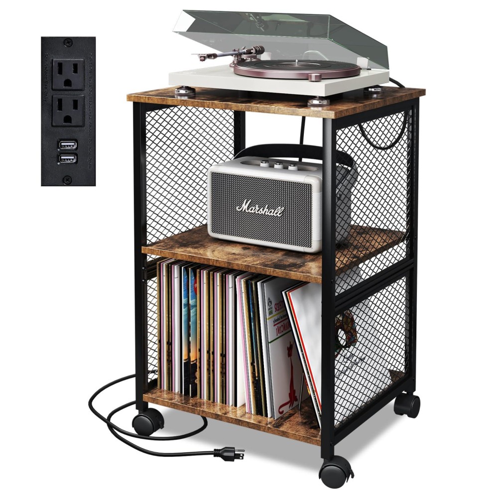 Tc-Homeny Vinyl Record Storage Table, 3-Tier Record Player Stand With 3 Quick-Release Divider, Fashion Vinyl Storage Cabinet Display Shelf For Bedroom Living Room And Office