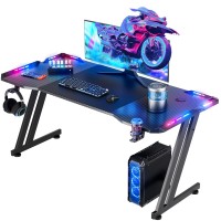 Hldirect 47 Inch Gaming Desk With Led Lights Carbon Fibre Surface Gaming Table Large Computer Desk Ergonomic Home Office Desks Z