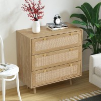 Anmytek 3 Drawer Dresser For Bedroom, Rattan Dresser Modern Wood Chest Of Drawers With Spacious Storage For Bedroom Hallway Living Room, Rustic Oak, H0027