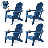 Funberry Folding Adirondack Chair Set Of 4, Fire Pit Chairs, Plastic Adirondack Chairs Weather Resistant With Cup Holder, Composite Adirondack Chairs