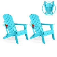 Funberry Folding Adirondack Chair Set Of 2, Fire Pit Chairs, Plastic Adirondack Chairs Weather Resistant With Cup Holder, Composite Adirondack Chairs