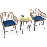 Tangkula 3 Pieces Patio Conversation Bistro Set, Outdoor Wicker Furniture w/Round Tempered Glass Top Table & 2 Rattan Armchairs, Bistro Chat Set w/Seat Cushions for Porch, Backyard, Garden