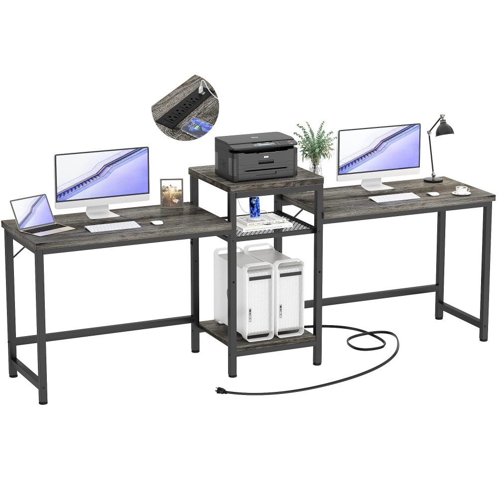 Unikito Two Person Desk, Home Office Desk With Power Outlet And Printer Stand, Double Computer Desk With Open Storage Shelf, Double Gaming Computer Desk, Extra Long Table, Writing Study Desk, Gray Oak