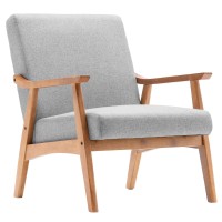 SSLine Mid-Century Modern Accent Chair,Leisure Chair with Solid Wood Armrest and Feet,Linen Fabric Reading Armchair Accent Sofa for Living Room Bedroom Studio (Type-1,Light Grey)