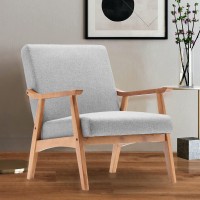 SSLine Mid-Century Modern Accent Chair,Leisure Chair with Solid Wood Armrest and Feet,Linen Fabric Reading Armchair Accent Sofa for Living Room Bedroom Studio (Type-1,Light Grey)