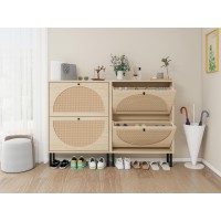 Zehuoge Rattan Shoe Cabinet With 2 Flip Drawers Entrance Hallway Free Standing Shoe Racks With Metal Legs For Heels Slippers