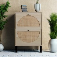 Zehuoge Rattan Shoe Cabinet With 2 Flip Drawers Entrance Hallway Free Standing Shoe Racks With Metal Legs For Heels Slippers