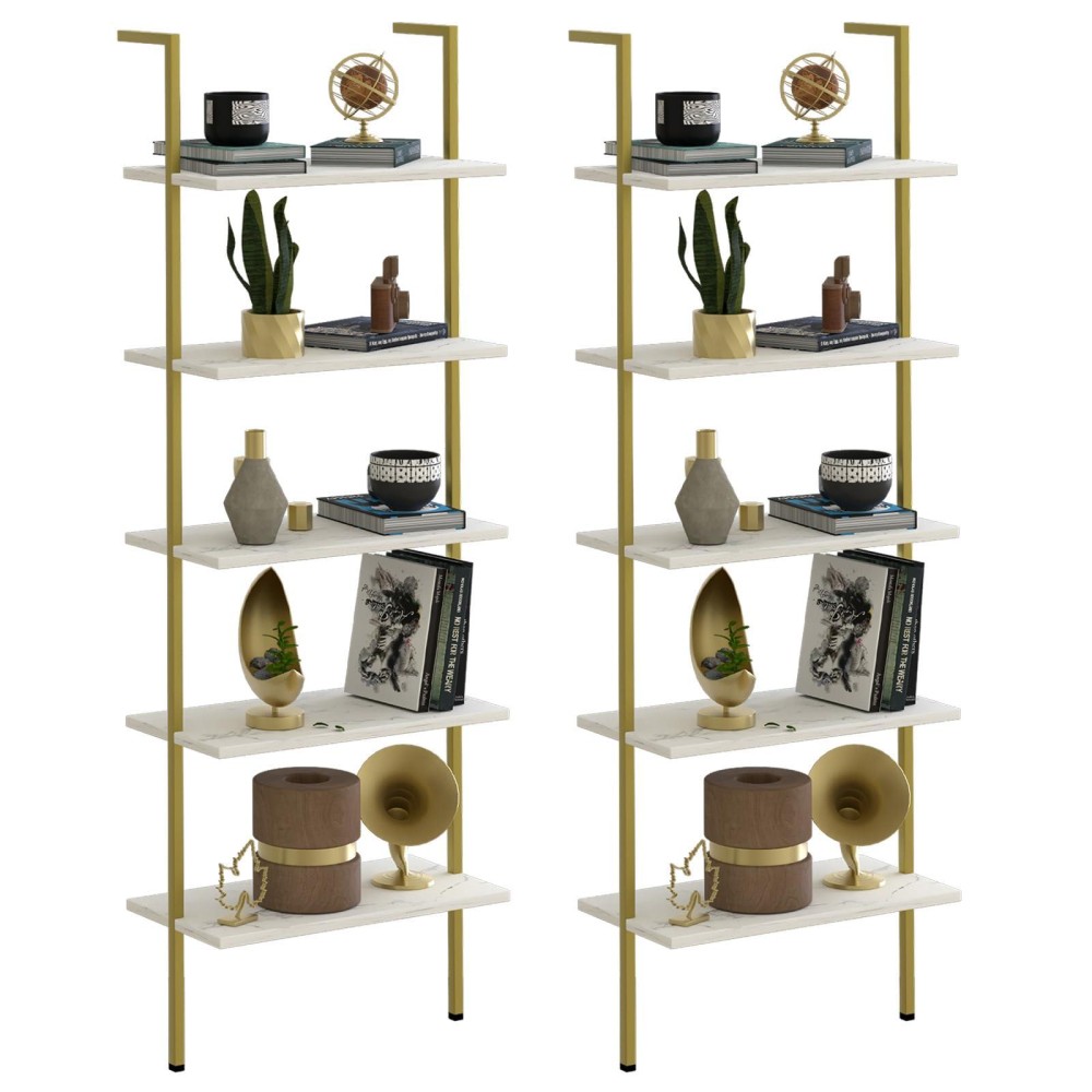 Aboxoo Ladder Shelf 2Pcs White Marble Bookshelf 5-Tier Wall-Mounted Wood Rack Open Industrial Modern Plant Flower Stand Utility Organizer Bookcase Metal Frame Furniture Office Kitchen Bedroom