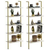 Aboxoo Ladder Shelf 2Pcs White Marble Bookshelf 5-Tier Wall-Mounted Wood Rack Open Industrial Modern Plant Flower Stand Utility Organizer Bookcase Metal Frame Furniture Office Kitchen Bedroom