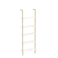 Aboxoo Ladder Shelf 2Pcs White Marble Bookshelf 5-Tier Wall-Mounted Wood Rack Open Industrial Modern Plant Flower Stand Utility Organizer Bookcase Metal Frame Furniture Office Kitchen Bedroom