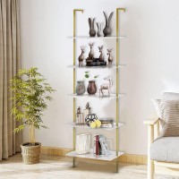 Aboxoo Ladder Shelf 2Pcs White Marble Bookshelf 5-Tier Wall-Mounted Wood Rack Open Industrial Modern Plant Flower Stand Utility Organizer Bookcase Metal Frame Furniture Office Kitchen Bedroom