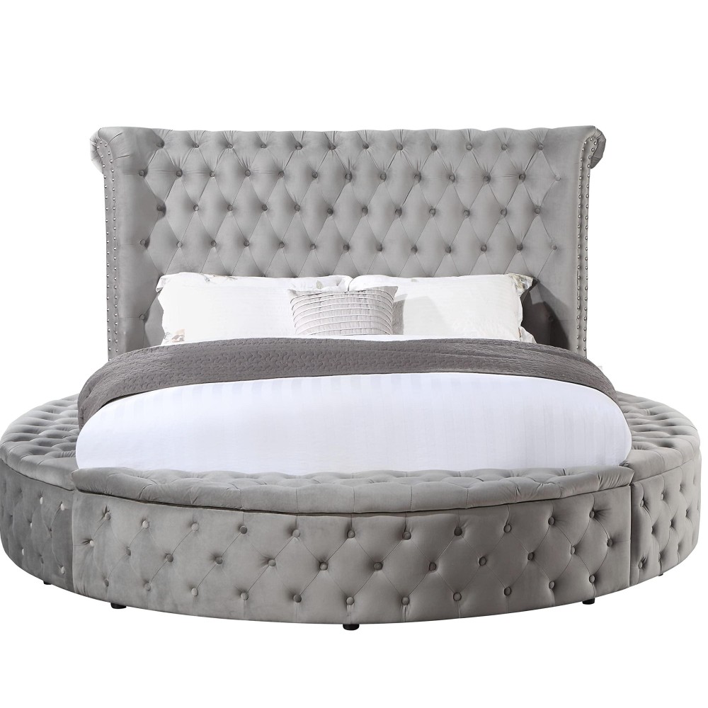 Acme Gaiva Eastern King Bed With Storage In Gray Velvet