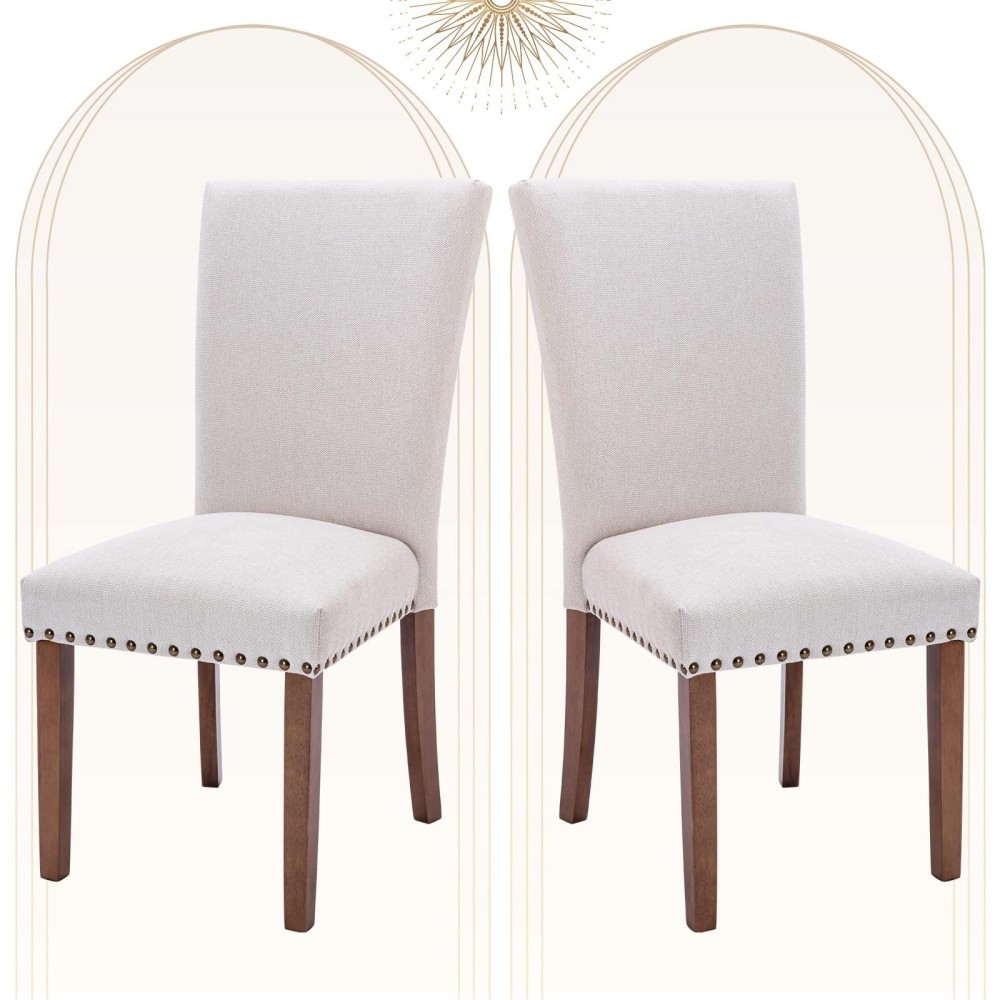 Colamy Upholstered Parsons Dining Chairs Set Of 2, Fabric Dining Room Kitchen Side Chair With Nailhead Trim And Wood Legs - Beige