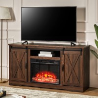 AMERLIFE Fireplace TV Stand Sliding Barn Door Wood Entertainment Center with a 23'' Electric Fireplace Insert, Modern Farmhouse Storage Cabinet Console for TVs Up to 65, Dark Walnut