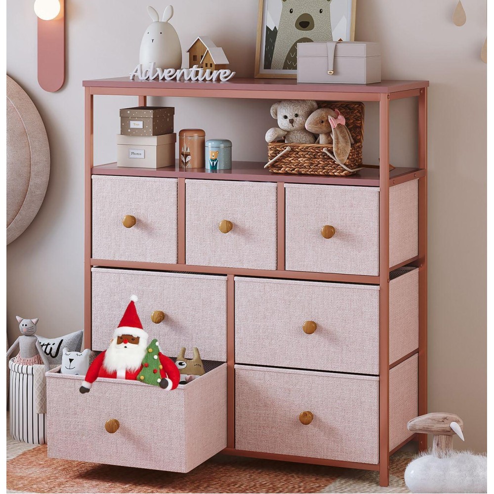 Enhomee Pink Dresser For Bedroom, Dresser For Girls Bedroom With 7 Drawers And 2 Shelves, Pink Dresser With Wooden Top And Metal Frame, Dressers & Chests Of Drawers For Girls Bedroom, Closets, Pink